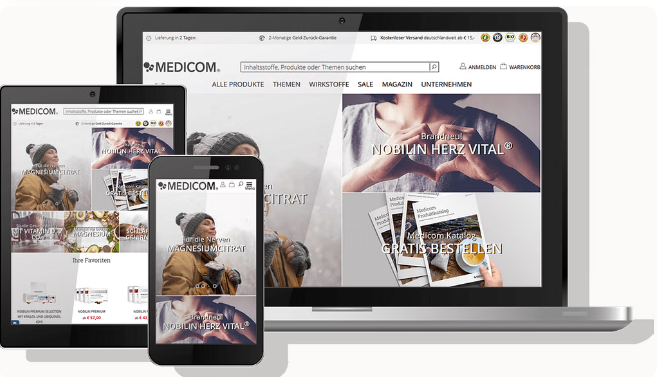 Screenshot des modernisierten Online-Shops von Medicom, umgesetzt von CYBERDAY auf Magento 2. Die responsive Website wird auf Smartphone, Tablet und Laptop dargestellt und bietet optimierte Performance sowie ein verbessertes Checkout-System.