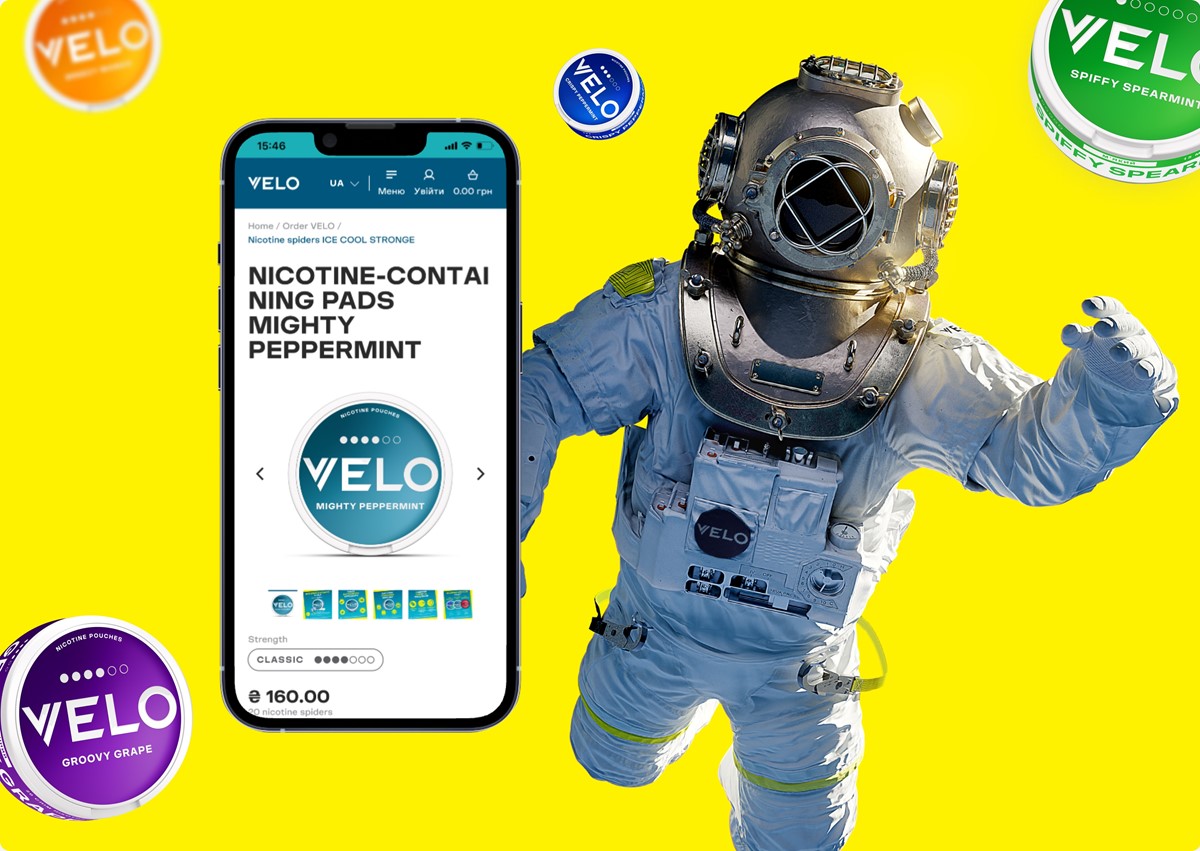 Illustration zur neuen Shopify-Website von VELO, gestaltet von Frontmen. Ein Smartphone zeigt den Online-Shop mit Nikotinbeuteln, daneben ein Taucher in einem Astronautenanzug vor gelbem Hintergrund.