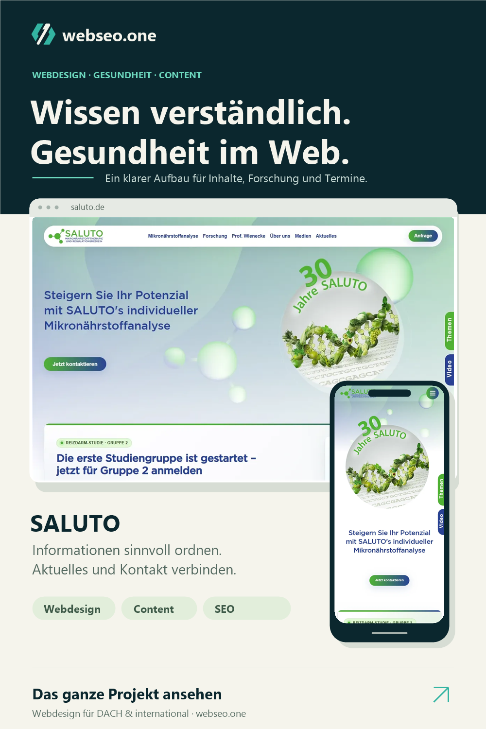 webseo.one Projekt - SALUTO, Webdesign für Gesundheit und Forschung