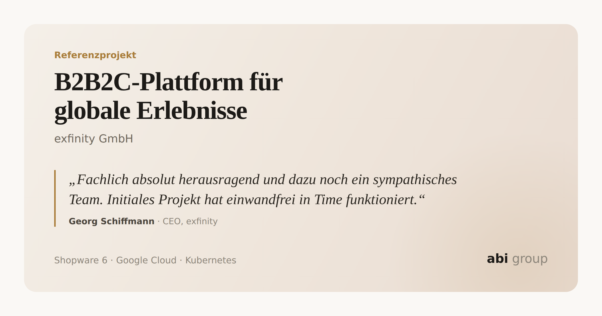 abi group GmbH Projekt - B2B2C-Plattform für globale Erlebnisse auf Shopware 6