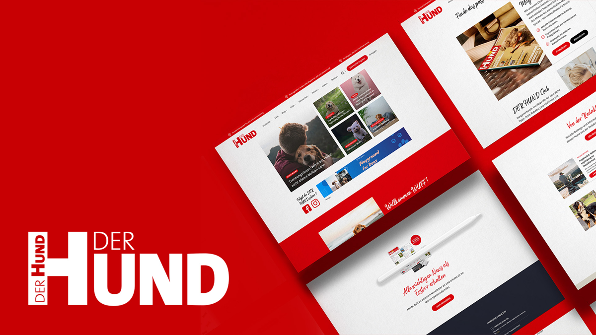 Screenshot der Website ‚DER HUND‘, entwickelt von Golden Web Age für FORUM Zeitschriften und Spezialmedien GmbH. Das Design kombiniert rote und weiße Elemente mit Bildern und Artikeln rund um das Thema Hunde.