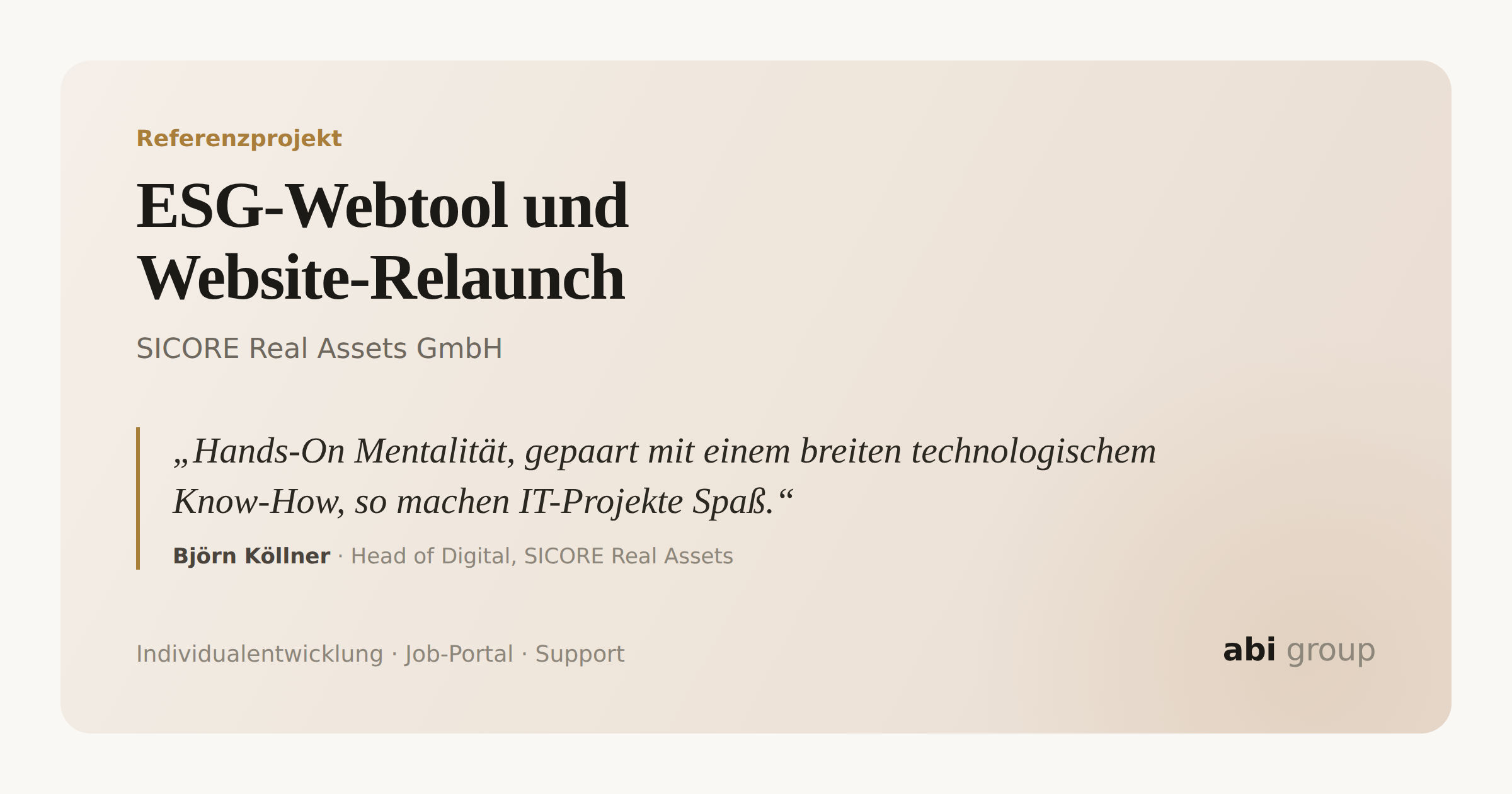 abi group GmbH Projekt - ESG-Webtool und Website-Relaunch für ein Immobilien-Investmenthaus