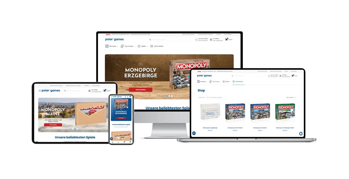 WooCommerce-Online-Shop von polar1.de, entwickelt von WAHLREICH e.K., dargestellt auf Smartphone, Tablet, Laptop und Desktop. Die Website präsentiert Monopoly-Editionen und andere Spiele mit einem responsiven Design für B2B- und B2C-Kunden.