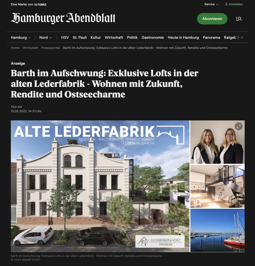 Kunert.Concept Projekt - Kapitalanlageimmobilien an der Ostsee, überregional im Hamburger Abendblatt