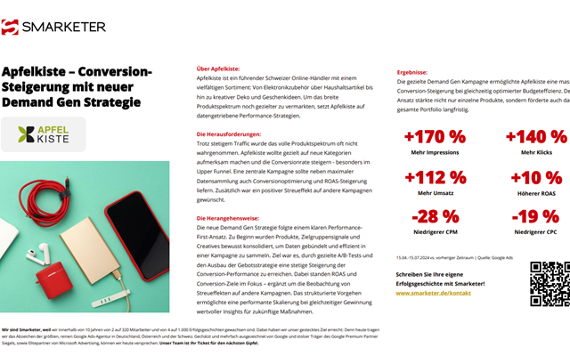 Smarketer GmbH | Google Ads Agentur Projekt - ConversionSteigerung mit neuer Demand Gen Strategie