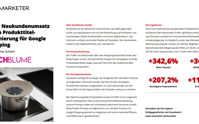 Smarketer GmbH | Google Ads Agentur Projekt - Mehr Neukundenumsatz durch Produkttiteloptimierung für Google Shopping
