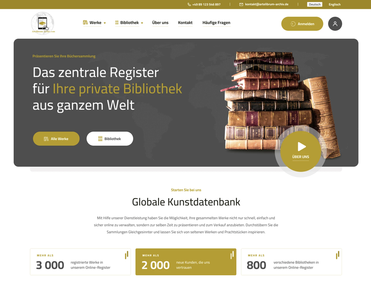 Hochwertige Online-Plattform für Sammler antiquarischer Bücher, entwickelt von WebiProg GmbH für Artelibrum. Die Website bietet eine elegante Benutzeroberfläche mit goldenen, beigen und braunen Designelementen, interaktiven Funktionen und einer globalen Kunstdatenbank.