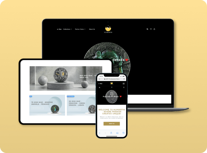 Magento Open Source B2B-Online-Shop von Numiartis, entwickelt von Ingold Solutions. Der Shop für hochwertige Sammlermünzen wird auf Laptop, Tablet und Smartphone dargestellt, mit optimierter Navigation und personalisierten Preisen für B2B-Kunden.