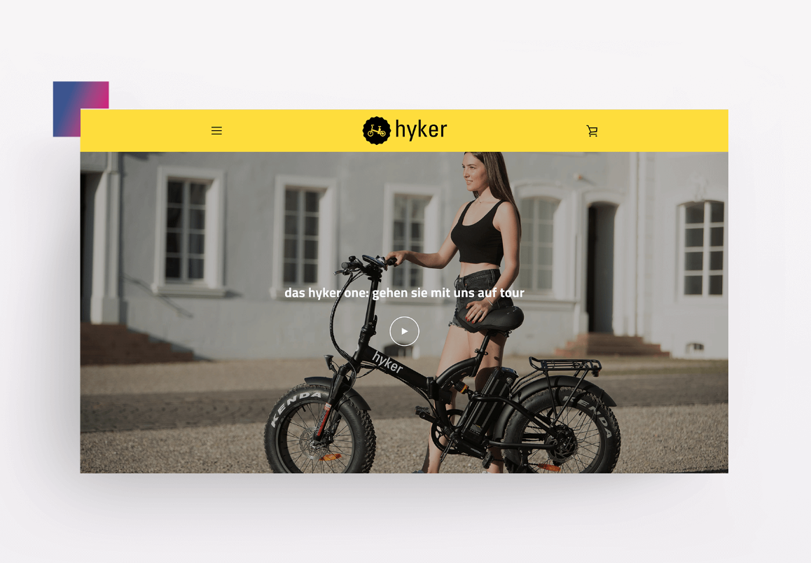 Screenshot des Shopify-Onlineshops von hyker, entwickelt von eCommercely für die ENDORFIN GmbH. Der Shop präsentiert das faltbare E-Bike ‚hyker one‘ mit einer modernen, benutzerfreundlichen Oberfläche.