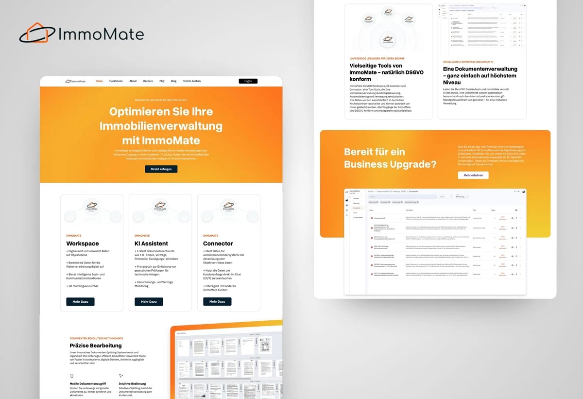 Website der KI-gestützten Immobilienverwaltungsplattform ImmoMate AI, entwickelt von Webwavers. Die Seite zeigt eine moderne Benutzeroberfläche mit Fokus auf Dokumentenverwaltung, KI-gestützter Analyse und Prozessautomatisierung.